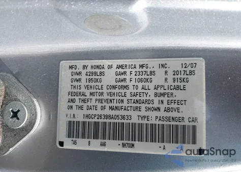 2008 Honda Accord 2.4 Lx from USA, damaged, VIN 1HGCP26398A053633